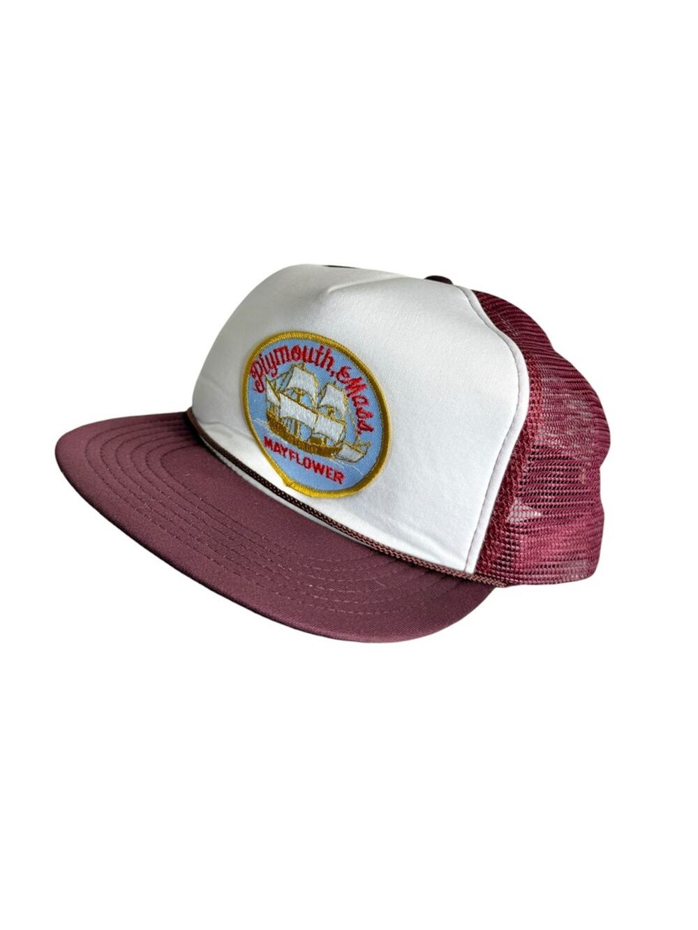 Vintage Plymouth Massachusetts Mayflower Patch Trucker Hat Maroon Snapback